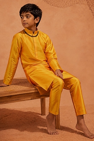 Orange Yellow Silk Printed Kurta Set For Boys by Eleven Brothers Kiids