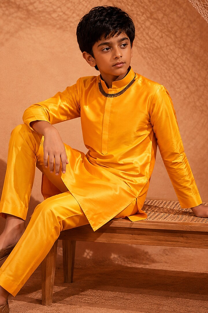 Orange Yellow Silk Printed Kurta Set For Boys by Eleven Brothers Kiids at Pernia's Pop Up Shop