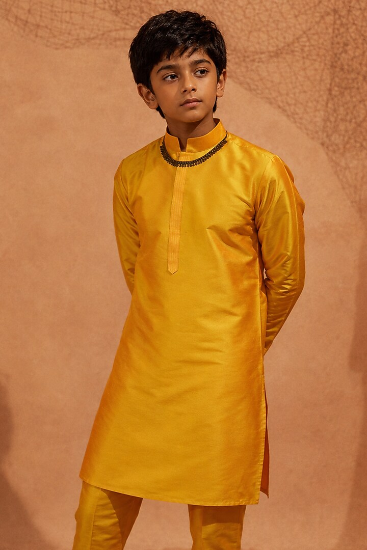 Orange Yellow Silk Printed Kurta Set For Boys by Eleven Brothers Kiids at Pernia's Pop Up Shop