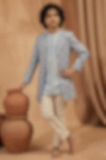 Blue Silk Printed Indowestern Set For Boys by Eleven Brothers Kiids at Pernia's Pop Up Shop
