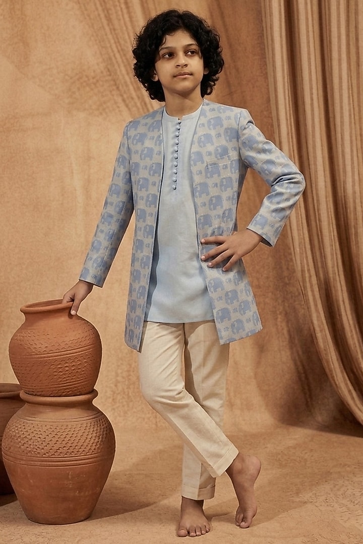Blue Silk Printed Indowestern Set For Boys by Eleven Brothers Kiids at Pernia's Pop Up Shop