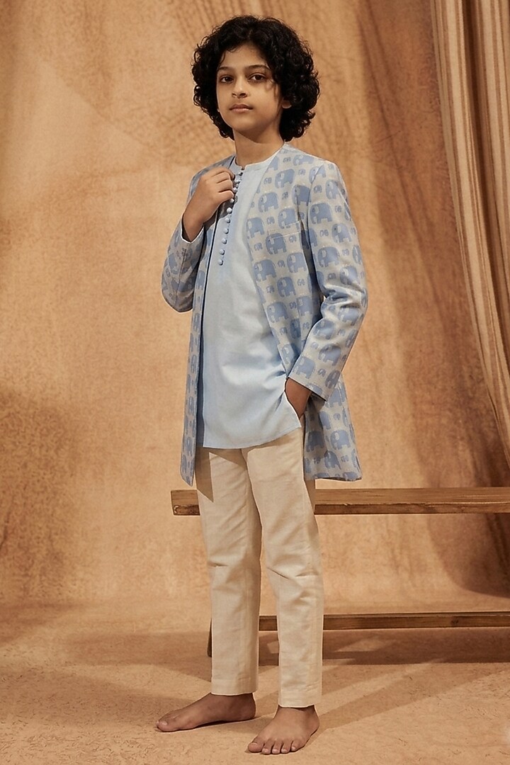 Blue Silk Printed Indowestern Set For Boys by Eleven Brothers Kiids at Pernia's Pop Up Shop