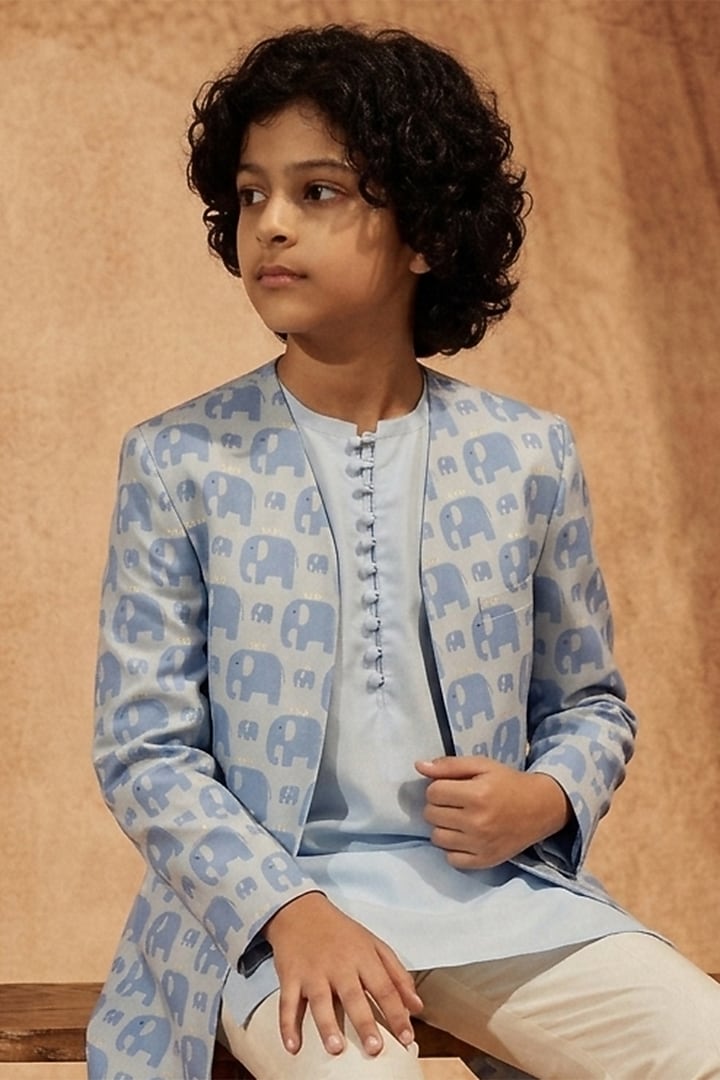 Blue Silk Printed Indowestern Set For Boys by Eleven Brothers Kiids at Pernia's Pop Up Shop