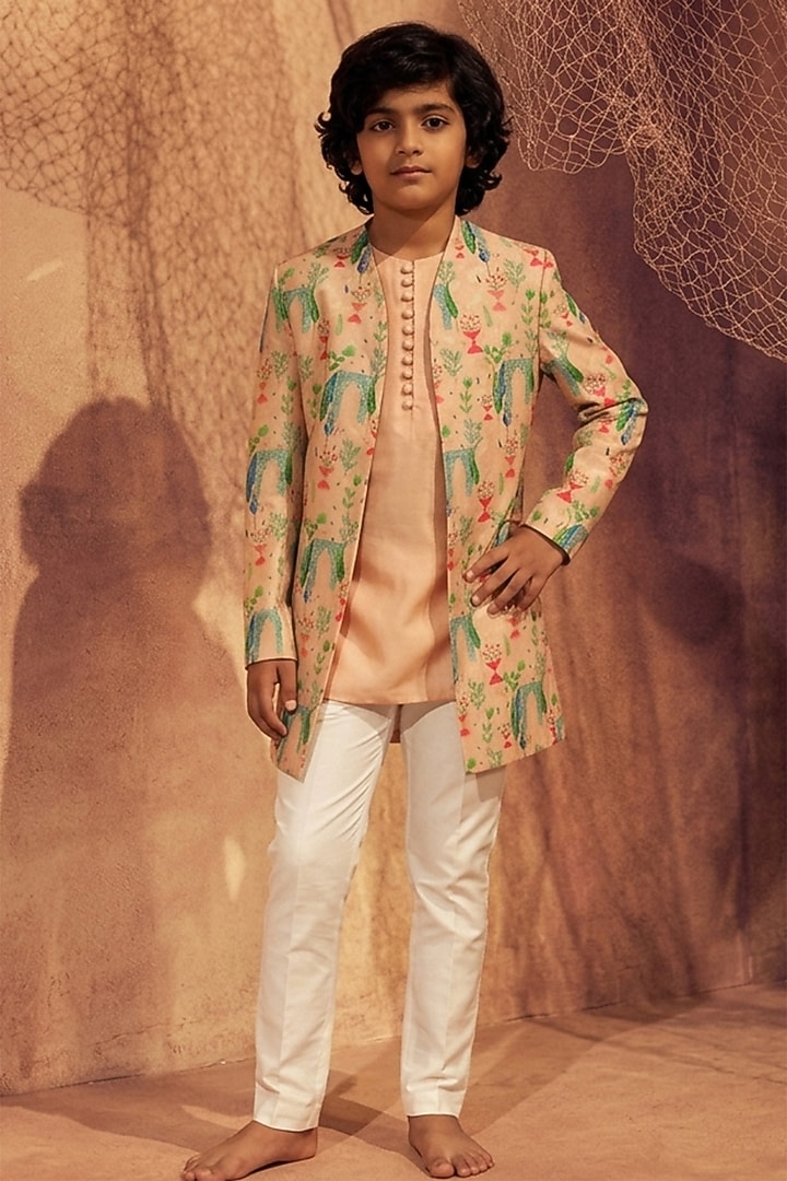 Pink Silk Printed Indowestern Set For Boys by Eleven Brothers Kiids at Pernia's Pop Up Shop