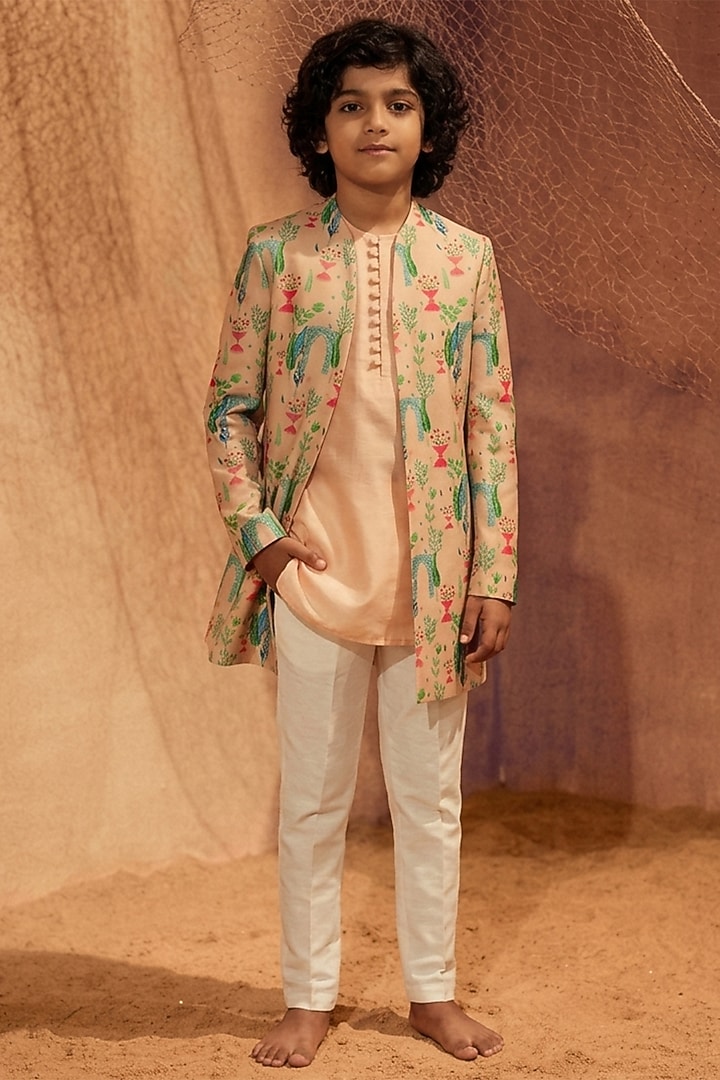 Pink Silk Printed Indowestern Set For Boys by Eleven Brothers Kiids at Pernia's Pop Up Shop