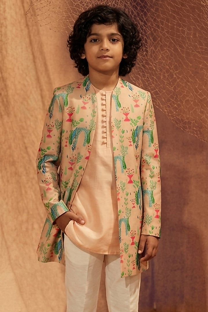 Pink Silk Printed Indowestern Set For Boys by Eleven Brothers Kiids at Pernia's Pop Up Shop