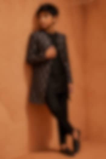 Black Silk Printed Indowestern Set For Boys by Eleven Brothers Kiids at Pernia's Pop Up Shop