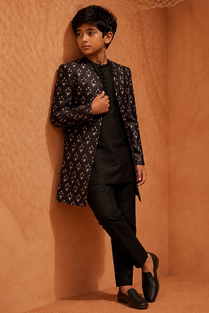 Black Silk Printed Indowestern Set For Boys by Eleven Brothers Kiids at Pernia's Pop Up Shop