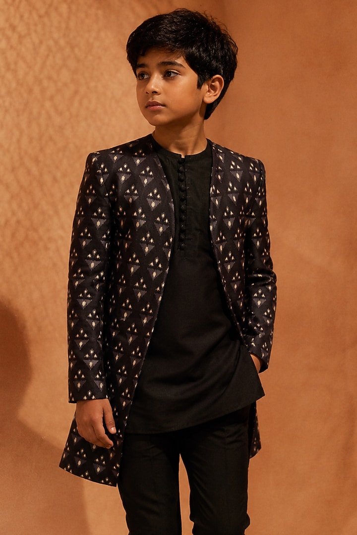Black Silk Printed Indowestern Set For Boys by Eleven Brothers Kiids at Pernia's Pop Up Shop