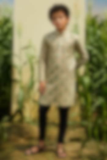 Beige Silk Printed Kurta Set For Boys by Eleven Brothers Kiids at Pernia's Pop Up Shop