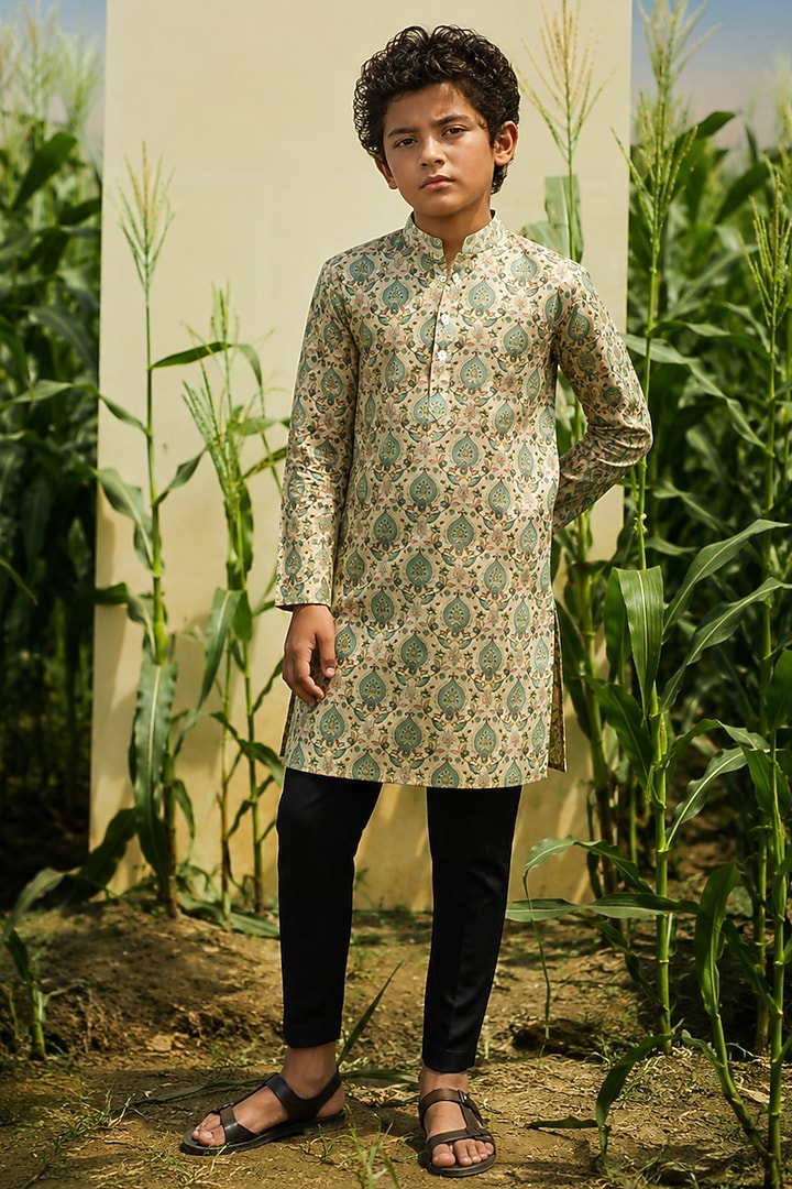 Beige Silk Printed Kurta Set For Boys by Eleven Brothers Kiids at Pernia's Pop Up Shop