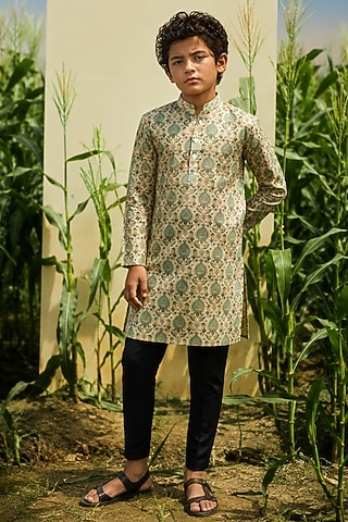 Beige Silk Printed Kurta Set For Boys by Eleven Brothers Kiids