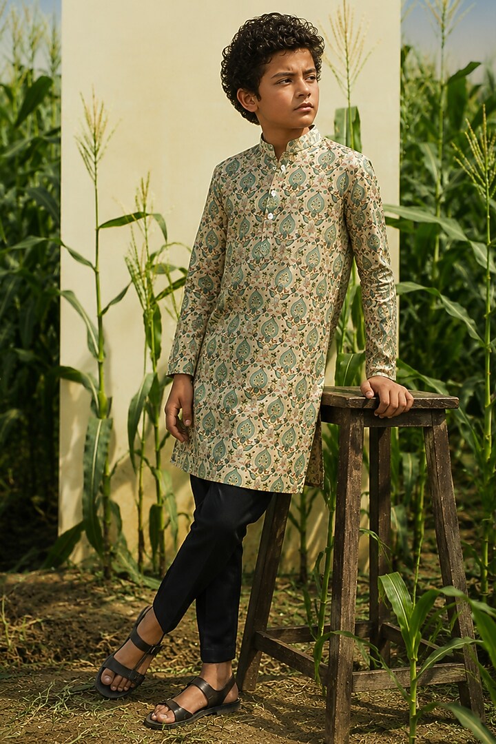 Beige Silk Printed Kurta Set For Boys by Eleven Brothers Kiids at Pernia's Pop Up Shop