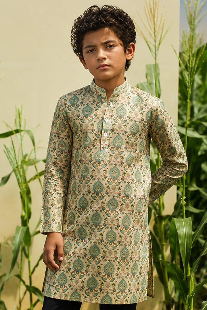 Beige Silk Printed Kurta Set For Boys by Eleven Brothers Kiids at Pernia's Pop Up Shop