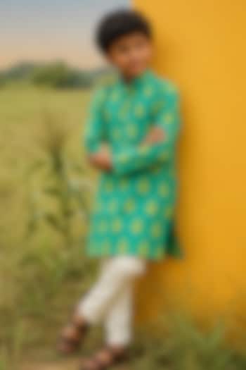Minty Green Mulberry Silk Printed Kurta Set For Boys by Eleven Brothers Kiids at Pernia's Pop Up Shop