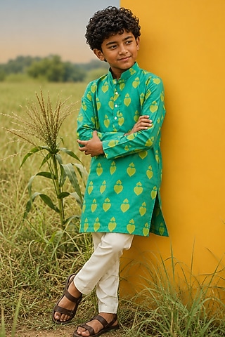 Minty Green Mulberry Silk Printed Kurta Set For Boys by Eleven Brothers Kiids