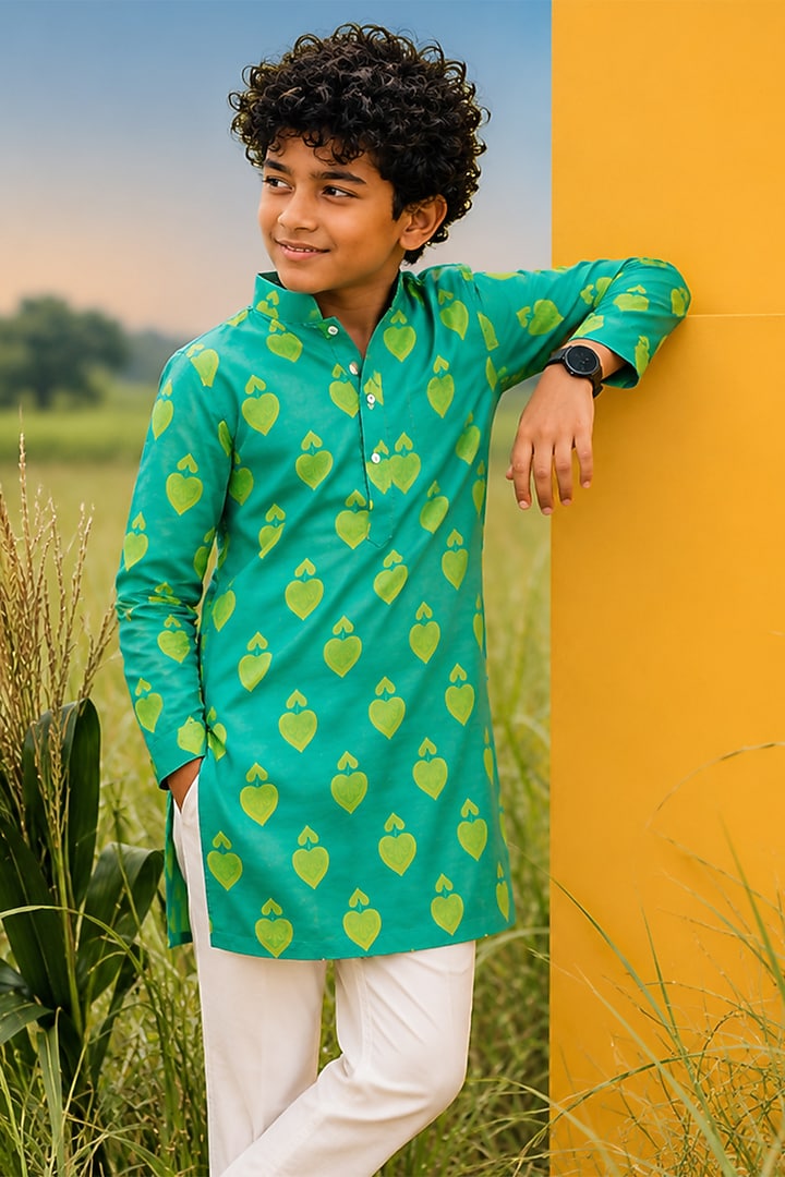 Minty Green Mulberry Silk Printed Kurta Set For Boys by Eleven Brothers Kiids at Pernia's Pop Up Shop