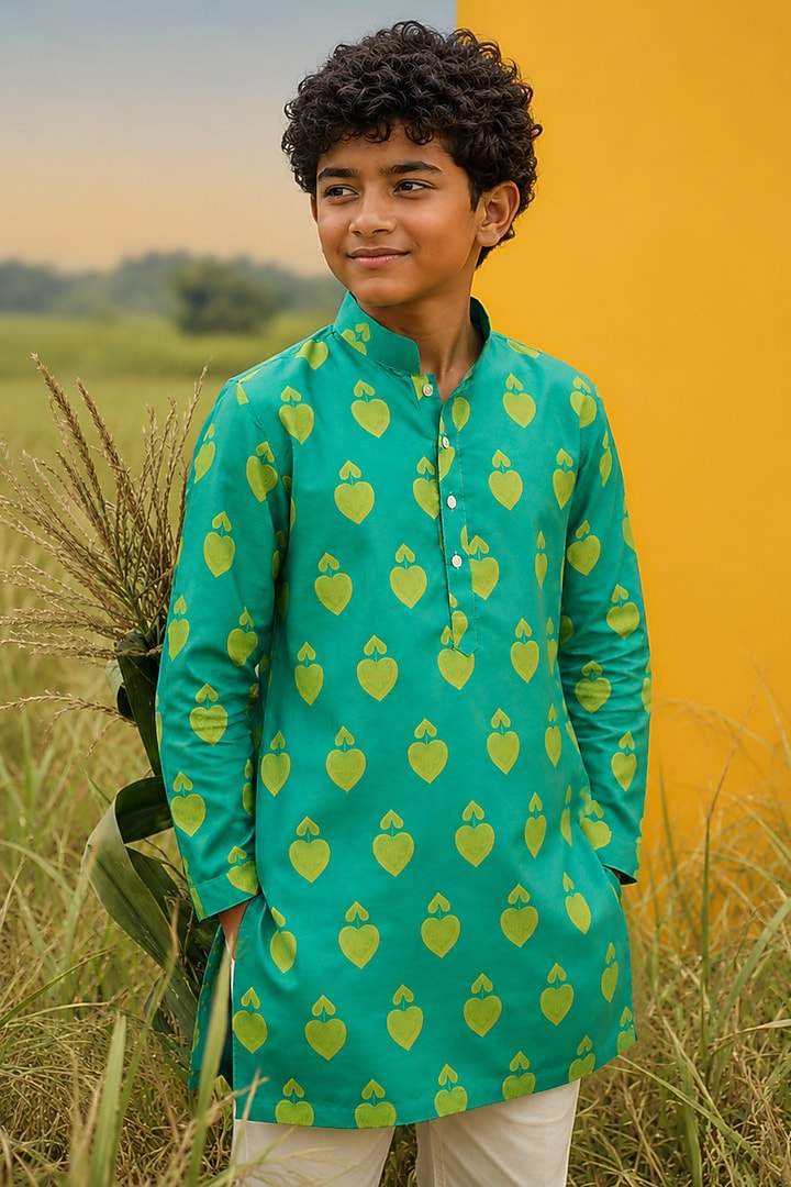 Minty Green Mulberry Silk Printed Kurta Set For Boys by Eleven Brothers Kiids at Pernia's Pop Up Shop