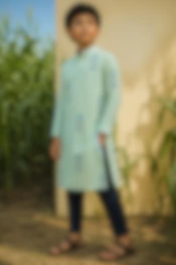 Green Mulberry Silk Printed Kurta Set For Boys by Eleven Brothers Kiids at Pernia's Pop Up Shop