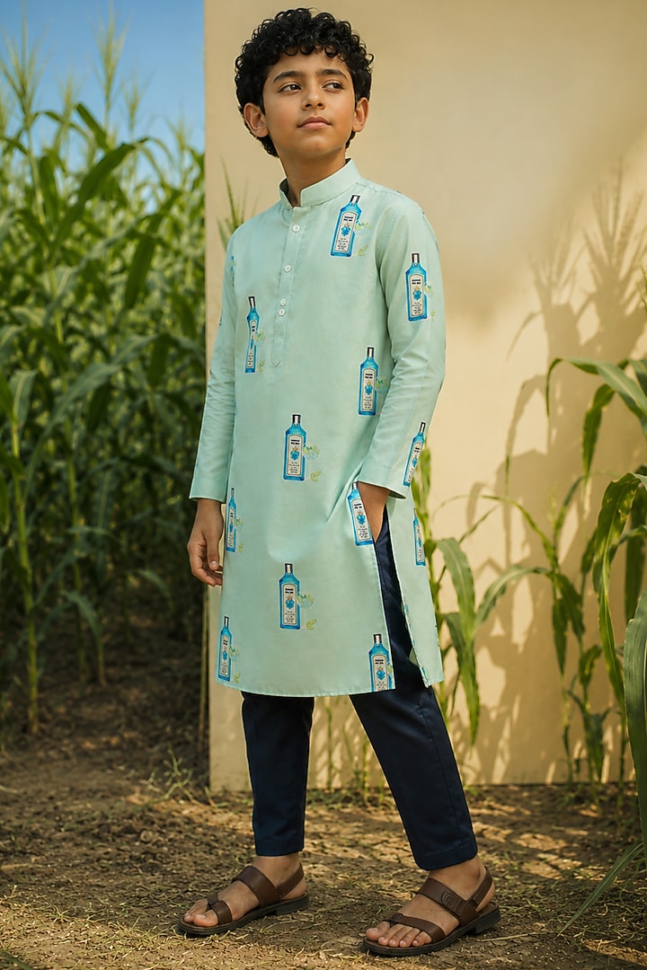 Green Mulberry Silk Printed Kurta Set For Boys by Eleven Brothers Kiids at Pernia's Pop Up Shop