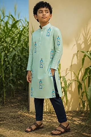 Green Mulberry Silk Printed Kurta Set For Boys by Eleven Brothers Kiids