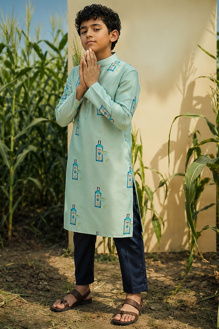 Green Mulberry Silk Printed Kurta Set For Boys by Eleven Brothers Kiids at Pernia's Pop Up Shop