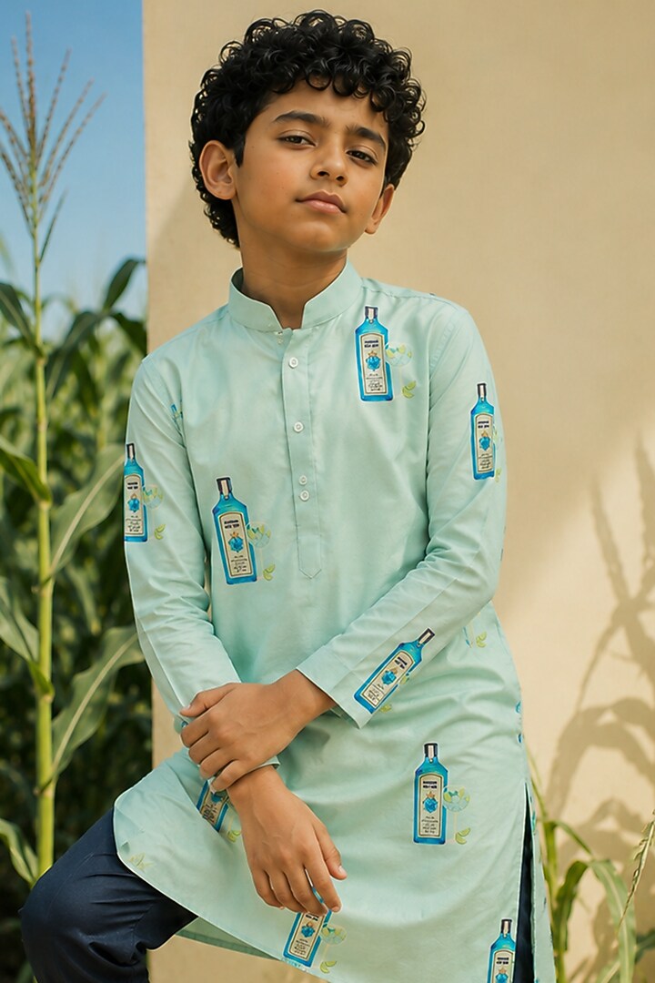 Green Mulberry Silk Printed Kurta Set For Boys by Eleven Brothers Kiids at Pernia's Pop Up Shop