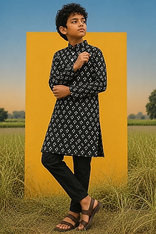 Black Mulberry Silk Printed Kurta Set For Boys by Eleven Brothers Kiids