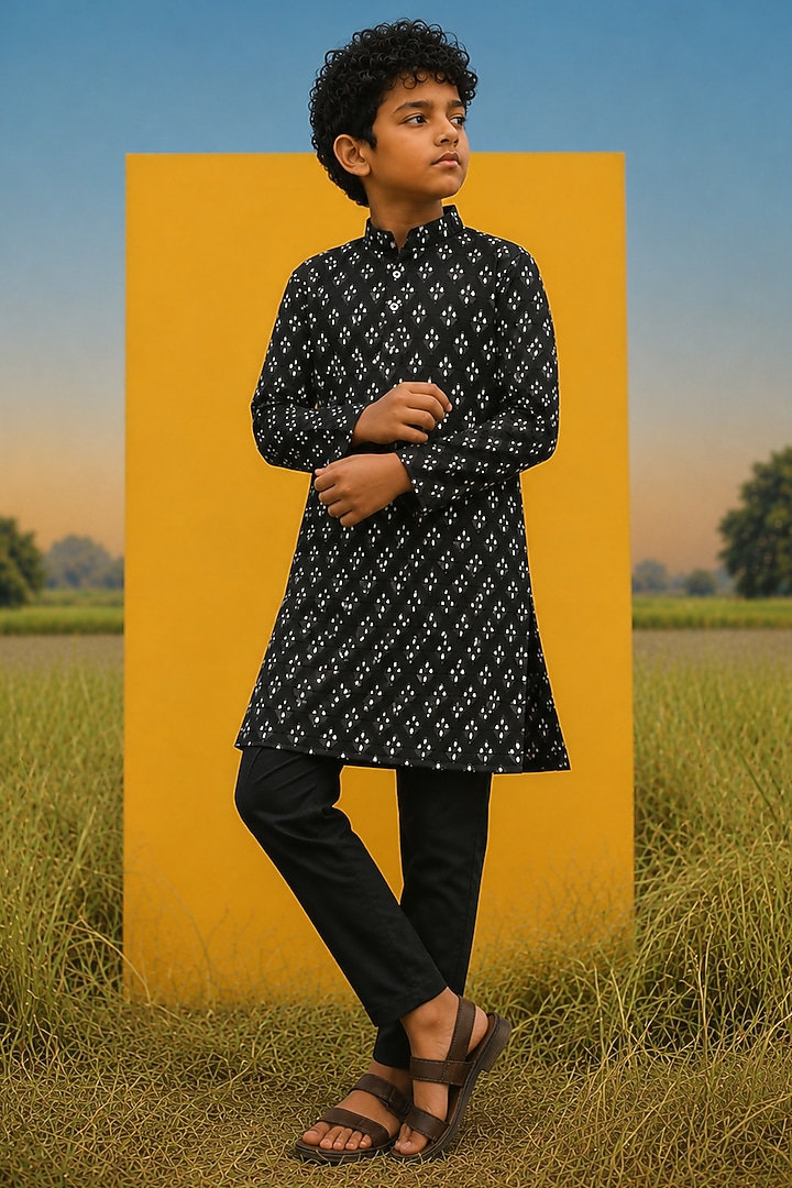 Black Mulberry Silk Printed Kurta Set For Boys by Eleven Brothers Kiids at Pernia's Pop Up Shop