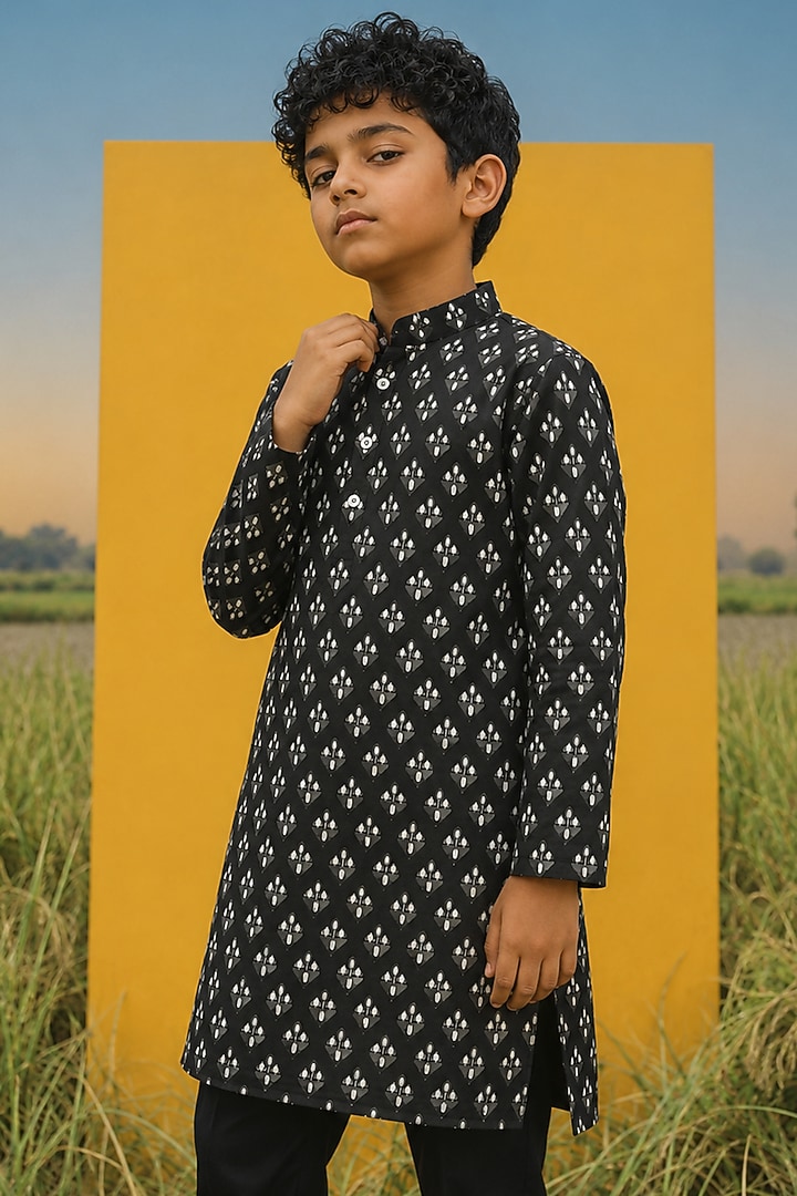 Black Mulberry Silk Printed Kurta Set For Boys by Eleven Brothers Kiids at Pernia's Pop Up Shop