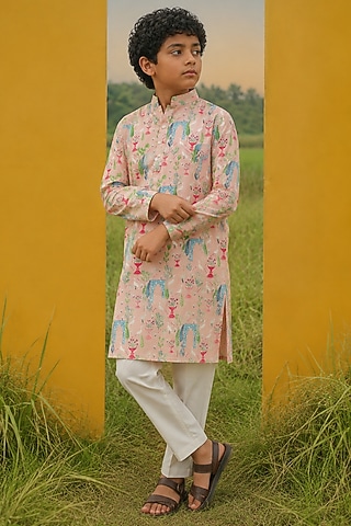 Pink Mulberry Silk Printed Kurta Set For Boys by Eleven Brothers Kiids