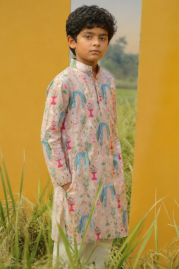 Pink Mulberry Silk Printed Kurta Set For Boys by Eleven Brothers Kiids at Pernia's Pop Up Shop