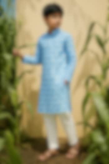 Blue Silk Printed Kurta Set For Boys by Eleven Brothers Kiids at Pernia's Pop Up Shop