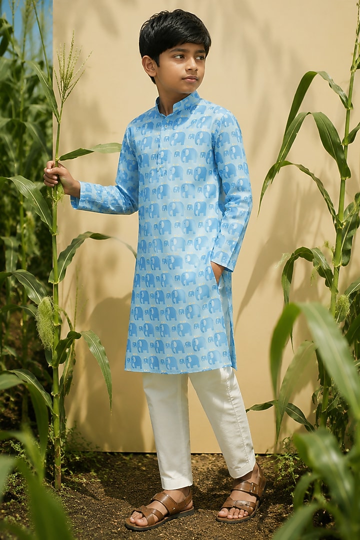 Blue Silk Printed Kurta Set For Boys by Eleven Brothers Kiids at Pernia's Pop Up Shop