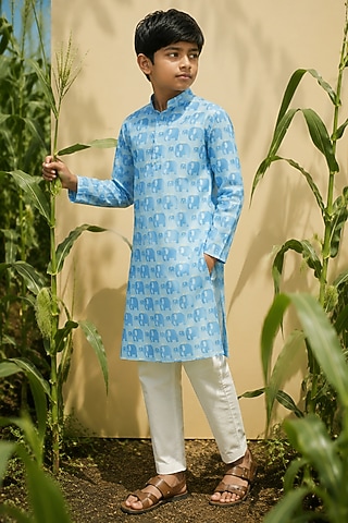 Blue Silk Printed Kurta Set For Boys by Eleven Brothers Kiids