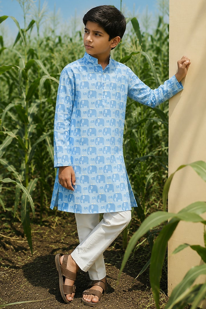 Blue Silk Printed Kurta Set For Boys by Eleven Brothers Kiids at Pernia's Pop Up Shop