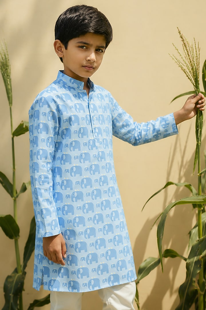 Blue Silk Printed Kurta Set For Boys by Eleven Brothers Kiids at Pernia's Pop Up Shop