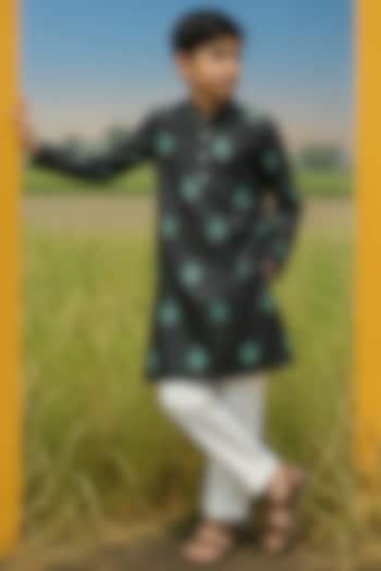 Black Mulberry Silk Printed Kurta Set For Boys by Eleven Brothers Kiids at Pernia's Pop Up Shop