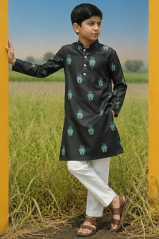 Black Mulberry Silk Printed Kurta Set For Boys by Eleven Brothers Kiids