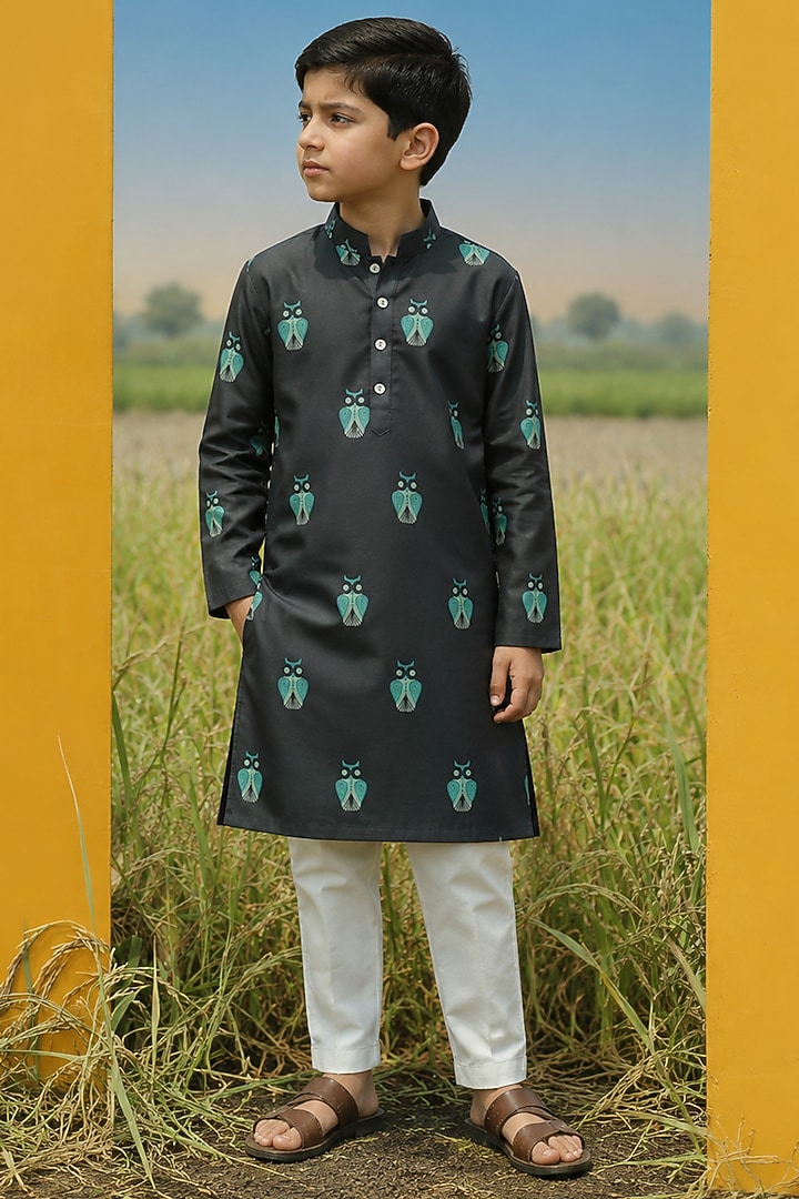 Black Mulberry Silk Printed Kurta Set For Boys by Eleven Brothers Kiids at Pernia's Pop Up Shop