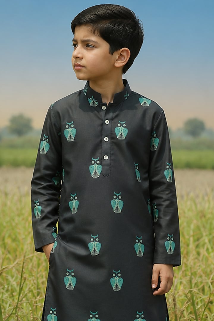 Black Mulberry Silk Printed Kurta Set For Boys by Eleven Brothers Kiids at Pernia's Pop Up Shop