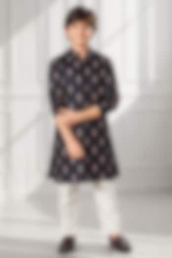 Black Silk Kurta Set For Boys by Eleven Brothers Kiids at Pernia's Pop Up Shop