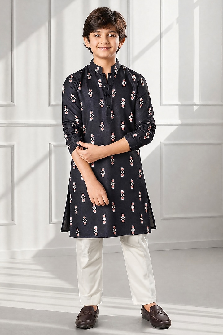 Black Silk Kurta Set For Boys by Eleven Brothers Kiids at Pernia's Pop Up Shop