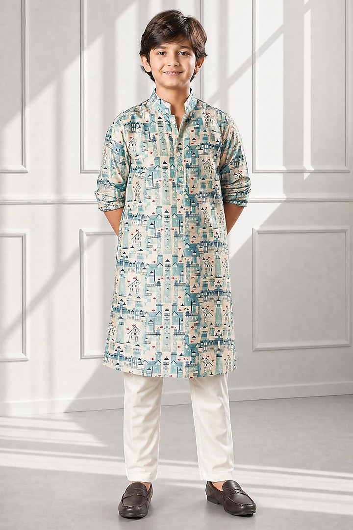 Blue Silk Kurta Set For Boys by Eleven Brothers Kiids at Pernia's Pop Up Shop