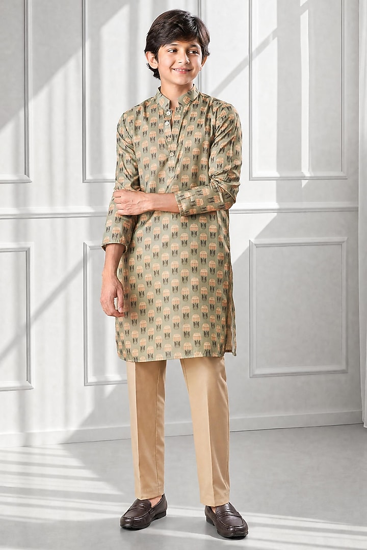 Green Silk Kurta Set For Boys by Eleven Brothers Kiids at Pernia's Pop Up Shop