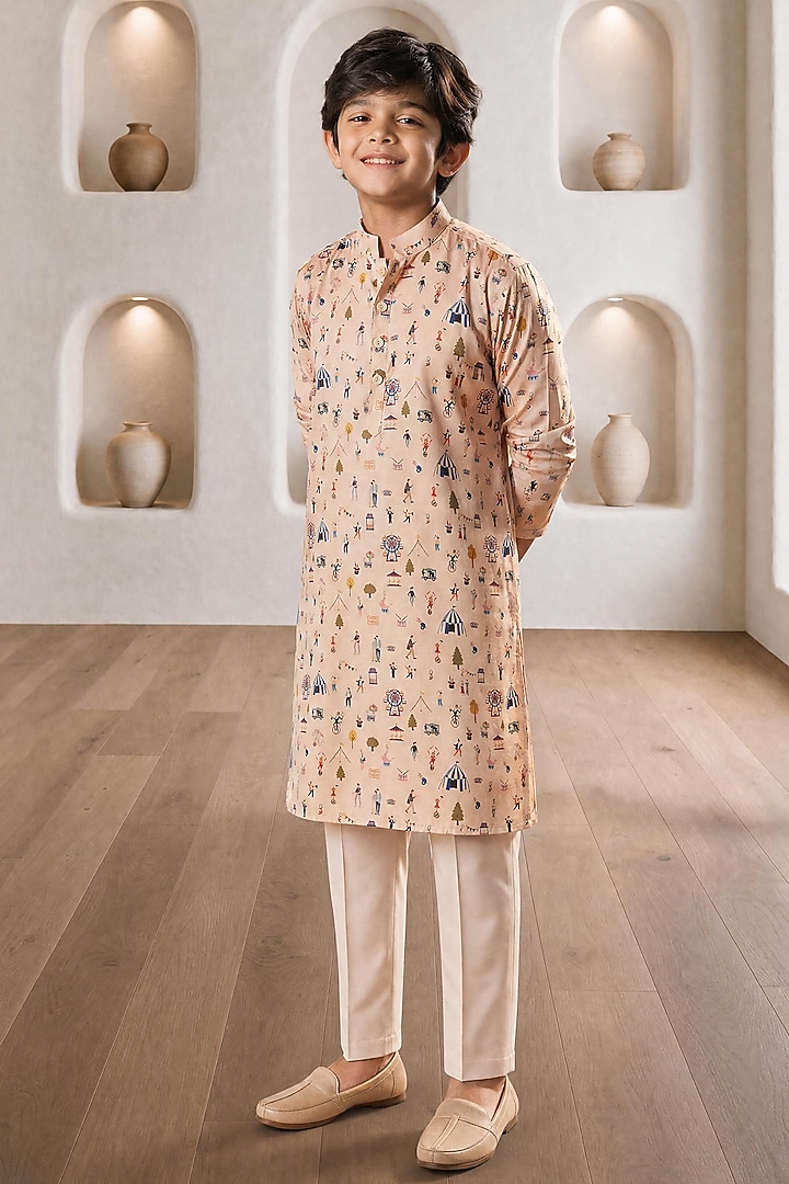 Pink Silk Kurta Set For Boys by Eleven Brothers Kiids at Pernia's Pop Up Shop