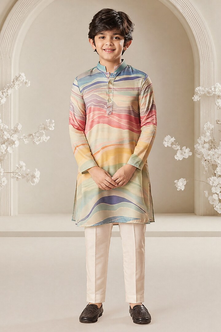 Multi-Colored Silk Kurta Set For Boys by Eleven Brothers Kiids at Pernia's Pop Up Shop