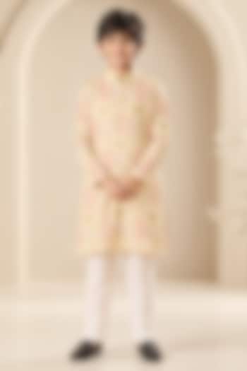 Yellow Soft Silk Pichwai Printed Kurta Set For Boys by Eleven Brothers Kiids at Pernia's Pop Up Shop