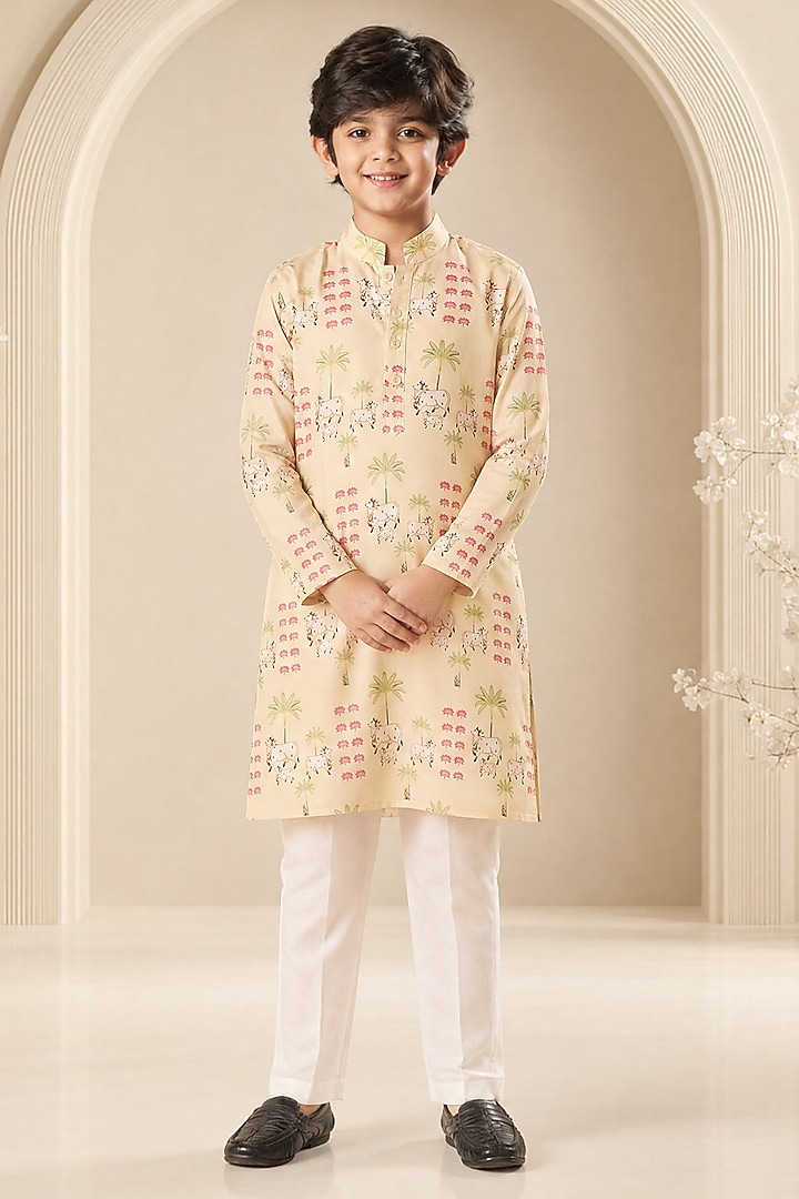 Yellow Soft Silk Pichwai Printed Kurta Set For Boys by Eleven Brothers Kiids at Pernia's Pop Up Shop