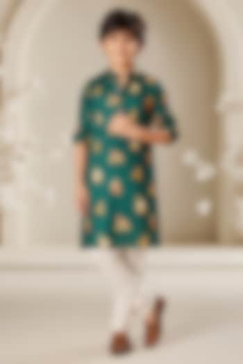 Green Soft Silk Tropical Printed Kurta Set For Boys by Eleven Brothers Kiids at Pernia's Pop Up Shop